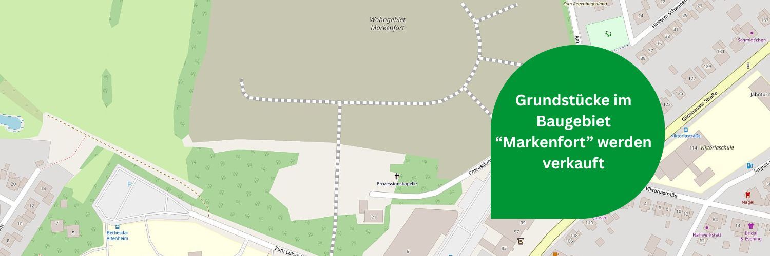Lageplan mit Hinweis auf den Verkauf von Grundstücken im Baugebiet Markenfort