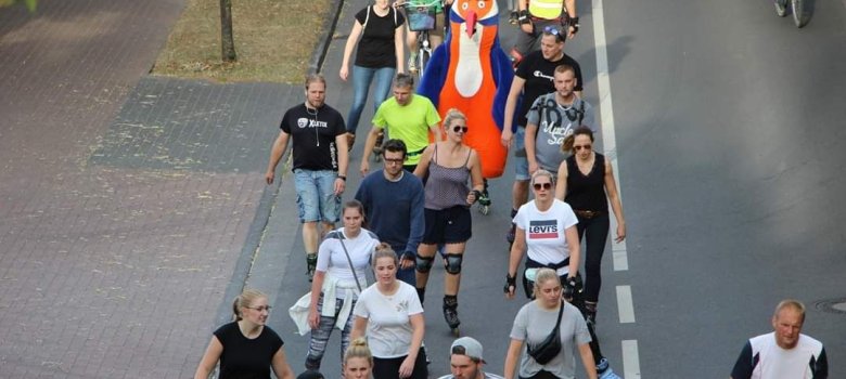 Auf dem Bild ist eine Gruppe Inline-Skater aus der Vogelperspektive zu sehen. In der Mitte fährt auch das Maskottchen von Dinkie on Wheels, Dinkie, mit.