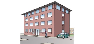 Bürogebäude Ein Mann geht aus einem Bürogebäude.