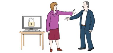 Datenschutz Eine Frau hält einen Mann davon ab, dass er auf Ihren Computer schauen kann.