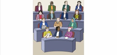 Fraktionen Mehrere Personen sitzen in einem Sitzungssaal.