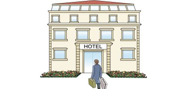 Hotel Ein Mann geht mit seinen Koffern in ein Hotel.