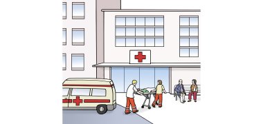 Krankenhaus Zwei Männer schieben eine Person auf einer Liege in ein Krankenhaus. Vor dem Krankenhaus sitzen zwei Personen auf einer Bank.