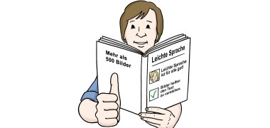 Leichte Sprache Ein Mann hält ein Buch zur Leichten Sprache in der Hand und zeigt den Daumen hoch.