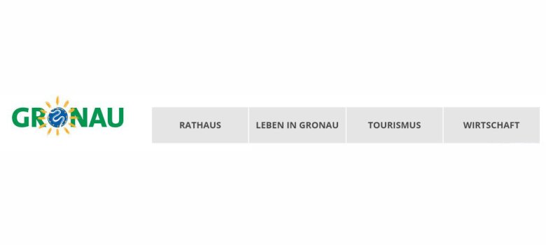 Die Navigationsleiste mit den Bereichen: Rathaus, Leben in Gronau, Tourismus und Wirtschaft.