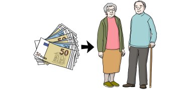 Neben einem Seniorenpaar sind Geldscheine abgebildet.