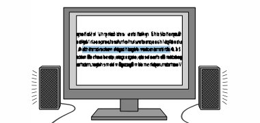 Screenreader Ein Computerbildschirm mit zwei Musikboxen daneben. Ein Text auf dem Bildschirm ist hervorgehoben und wird durch eine Stimme über die Musikboxen ausgegeben.