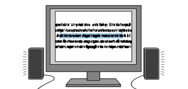 Ein Computerbildschirm mit zwei Musikboxen daneben. Ein Text auf dem Bildschirm ist hervorgehoben und wird durch eine Stimme über die Musikboxen ausgegeben.