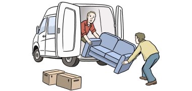 Zwei Personen tragen ein Sofa in einen Umzugswagen.
