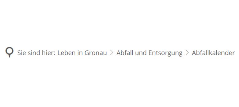 Der Text "Sie sind hier: Leben in Gronau, Abfall und Entsorgung, Abfallkalender".
