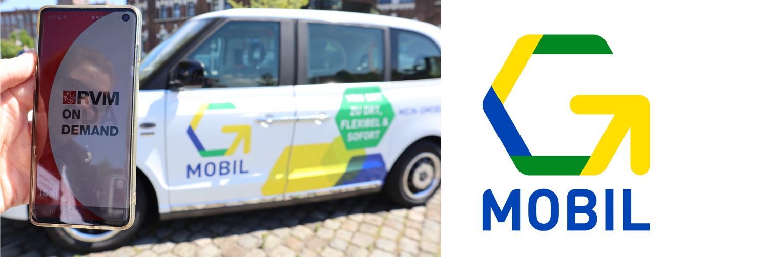 Ein Handy mit der On-Demand App, das G-Mobil und das Logo des G-Mobils.