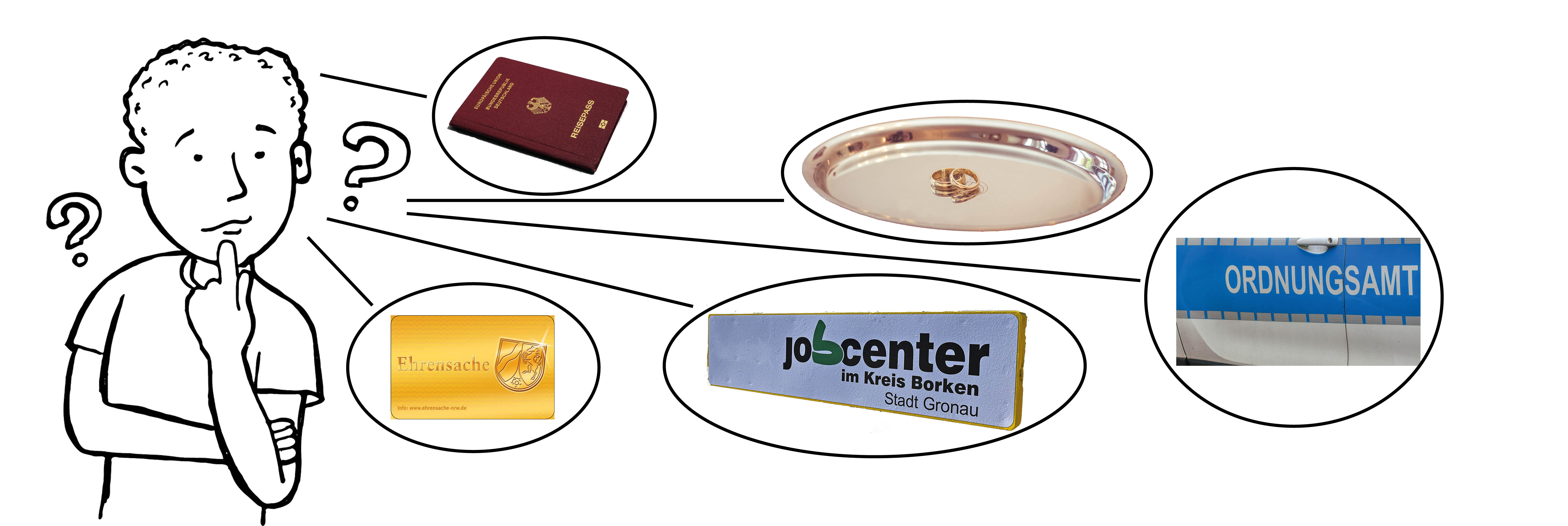 Ein Reisepass, die Ehrenamtskarte, ein Schild mit der Aufschrift Jobcenter, ein Wagen mit der Aufschrift Ordnungsamt sowie Eheringe.