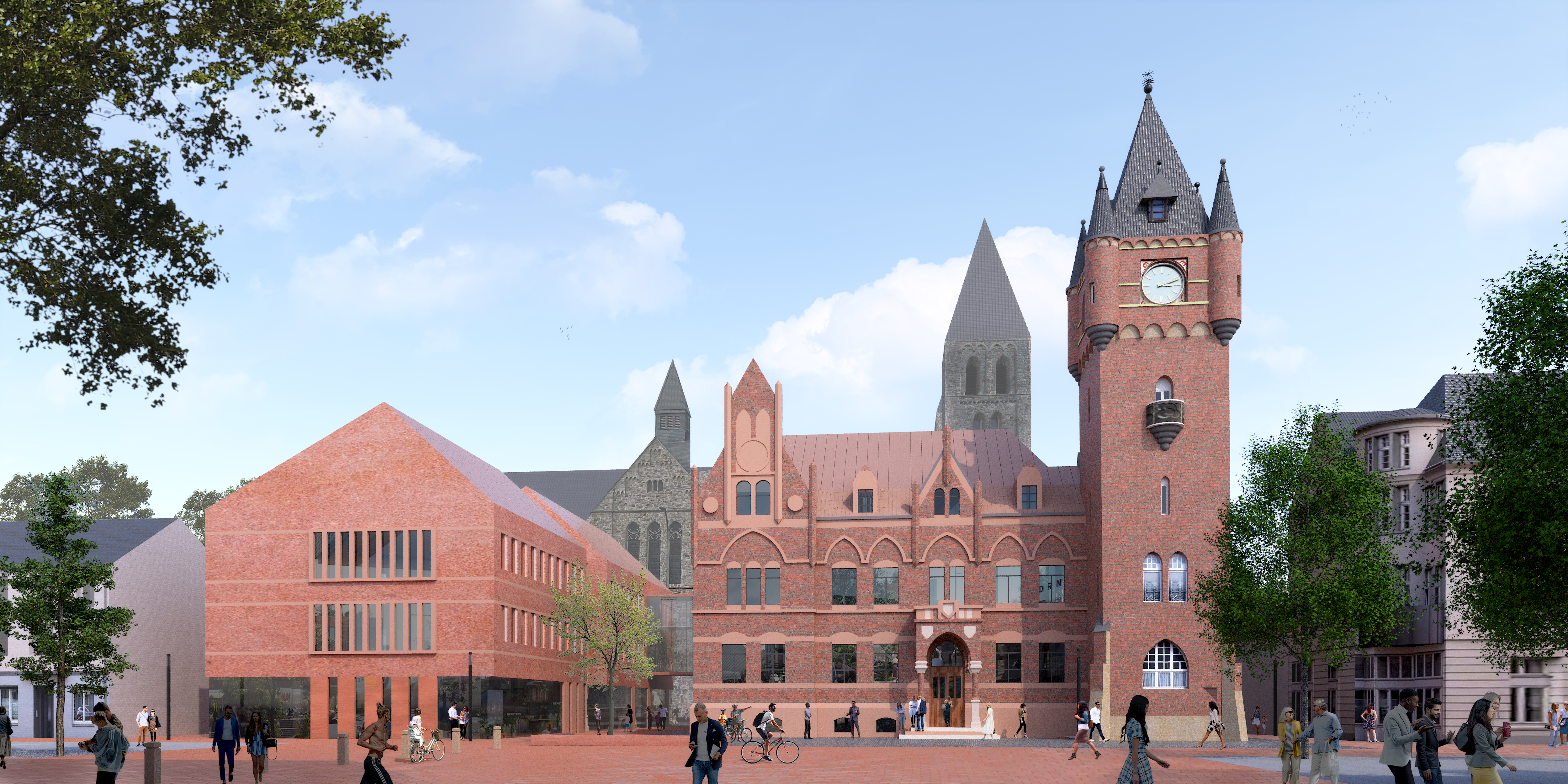 Zeichnung: Ansicht auf das neue Historische Rathaus mit dem alten Rathausturm