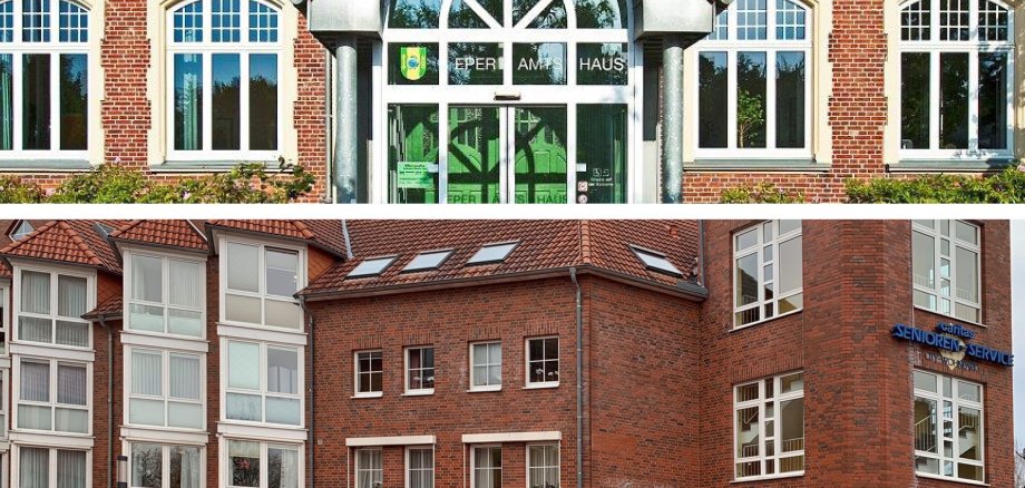 Collage mit den Gebäuden Eper Amtshaus und Rathaus-Service Neustr. 31