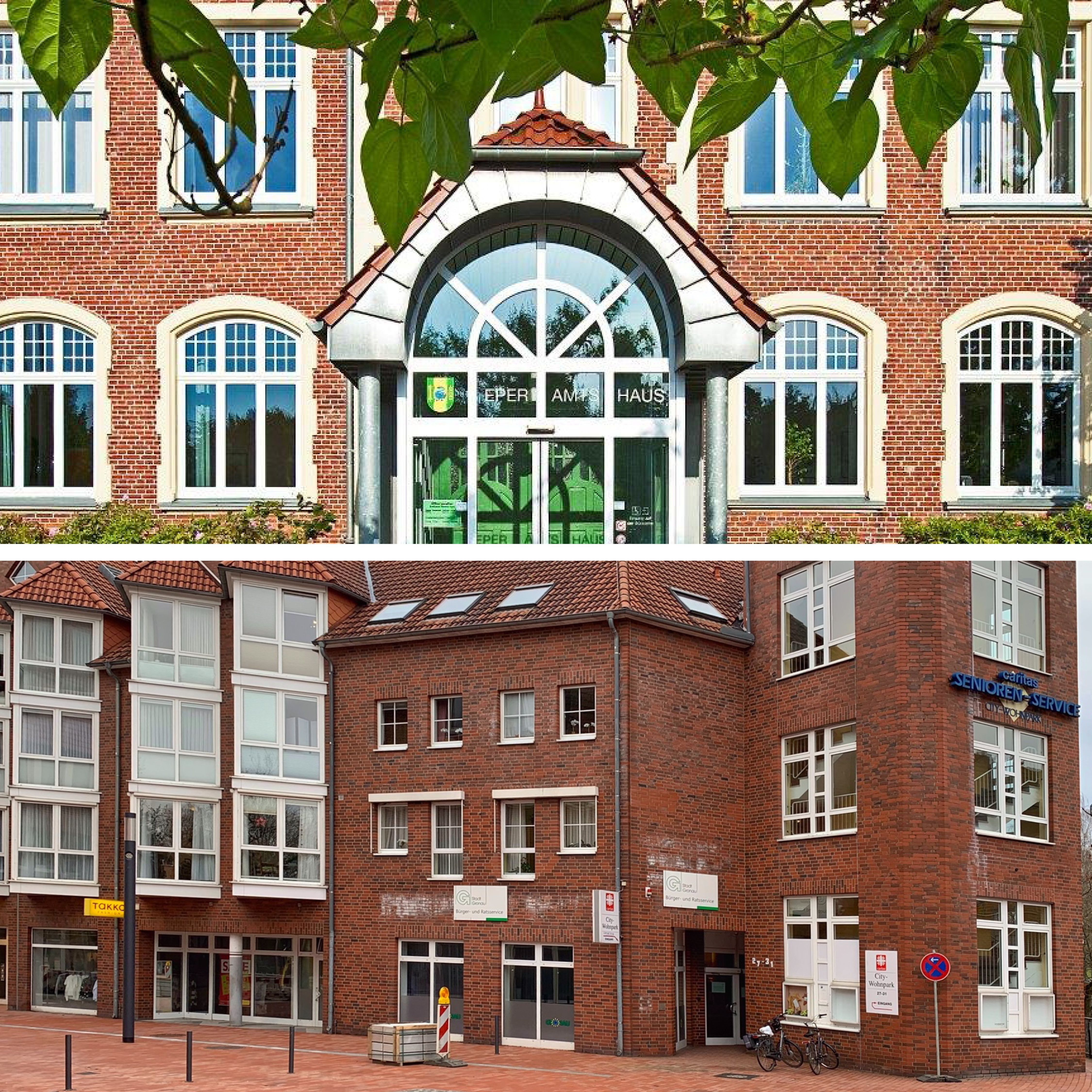 Collage mit den Gebäuden Eper Amtshaus und Rathaus-Service Neustr. 31