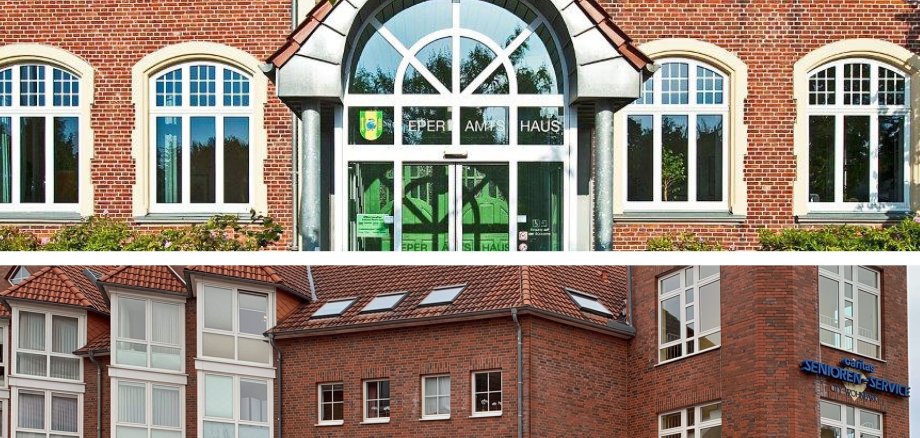Collage mit den Gebäuden Eper Amtshaus und Rathaus-Service Neustr. 31