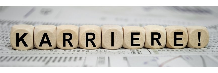 9 helle Holzwürfel, von denen jeder einen Buchstaben des Wortes Karriere und einem Ausrufezeichen in schwarzer Farbe trägt.