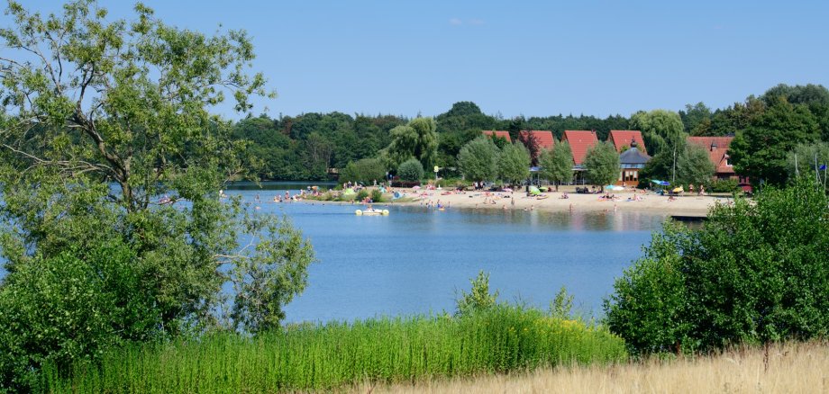 Durch zwei grüne Büsche hindurch erhält man einen Überblick über den Drilandsee und die strandähnliche Liegefläche, auf der sich mehrer Menschen befinden.