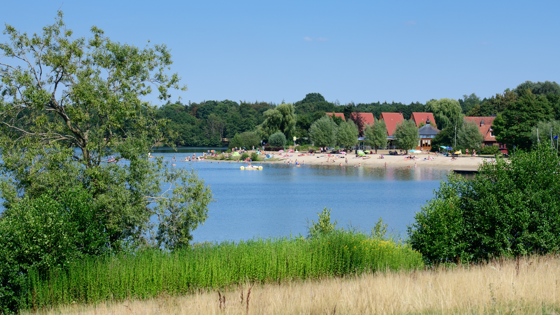 Durch zwei grüne Büsche hindurch erhält man einen Überblick über den Drilandsee und die strandähnliche Liegefläche, auf der sich mehrer Menschen befinden.
