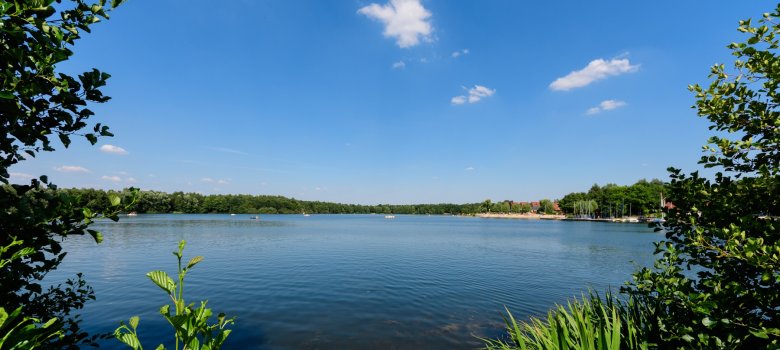 Der See in seiner ganzen Größe mit blauen Himmel und angedeutetem grünen Gestrüpp um den See herum.