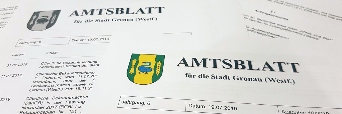 Zwei beispielhafte Amtsblätter der Stadt Gronau, die übereinander liegen. Zwei beispielhafte Amtsblätter der Stadt Gronau, die übereinander liegen.