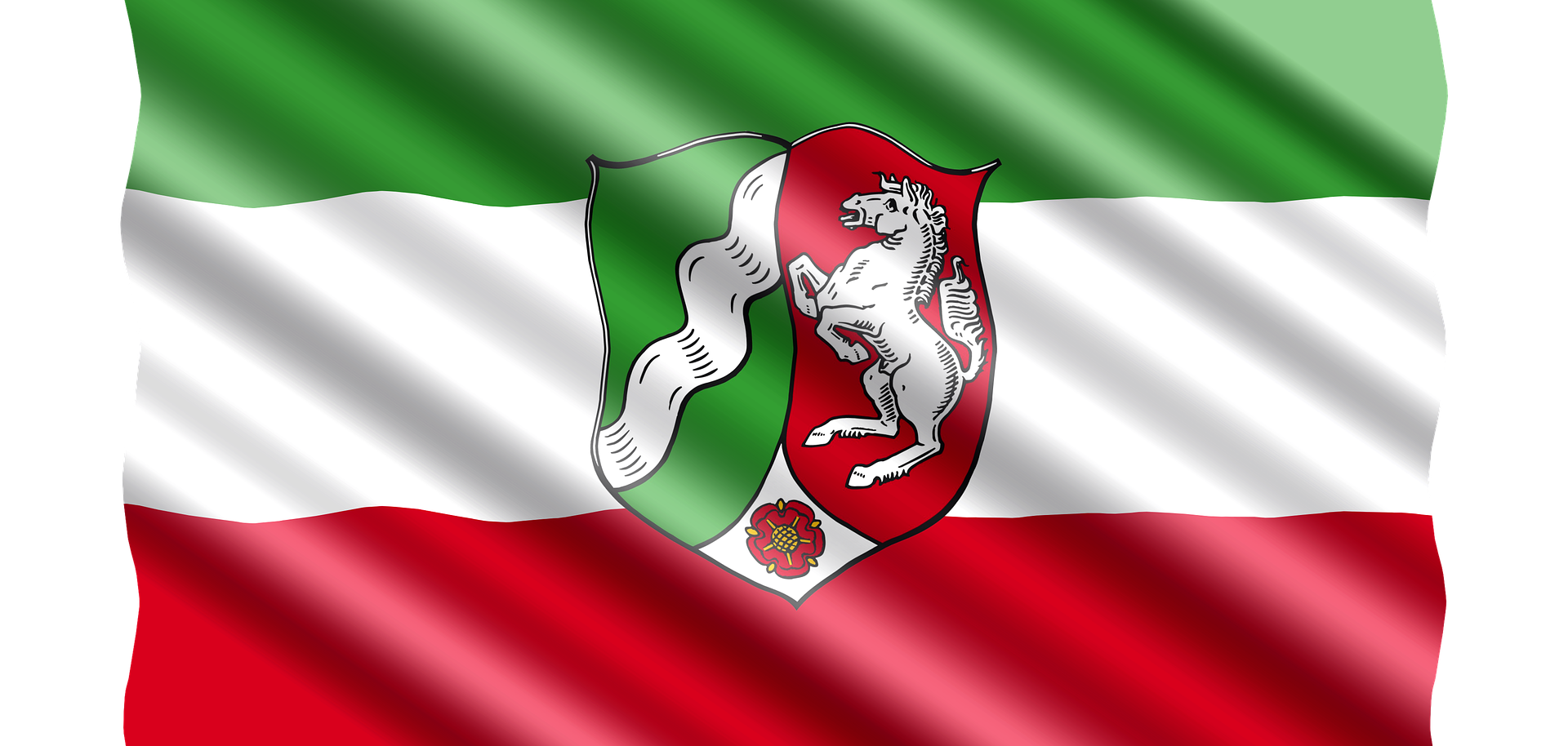 Die Fahne des Bundeslandes Nordrhein-Westfalen in grün, weiß, rot.