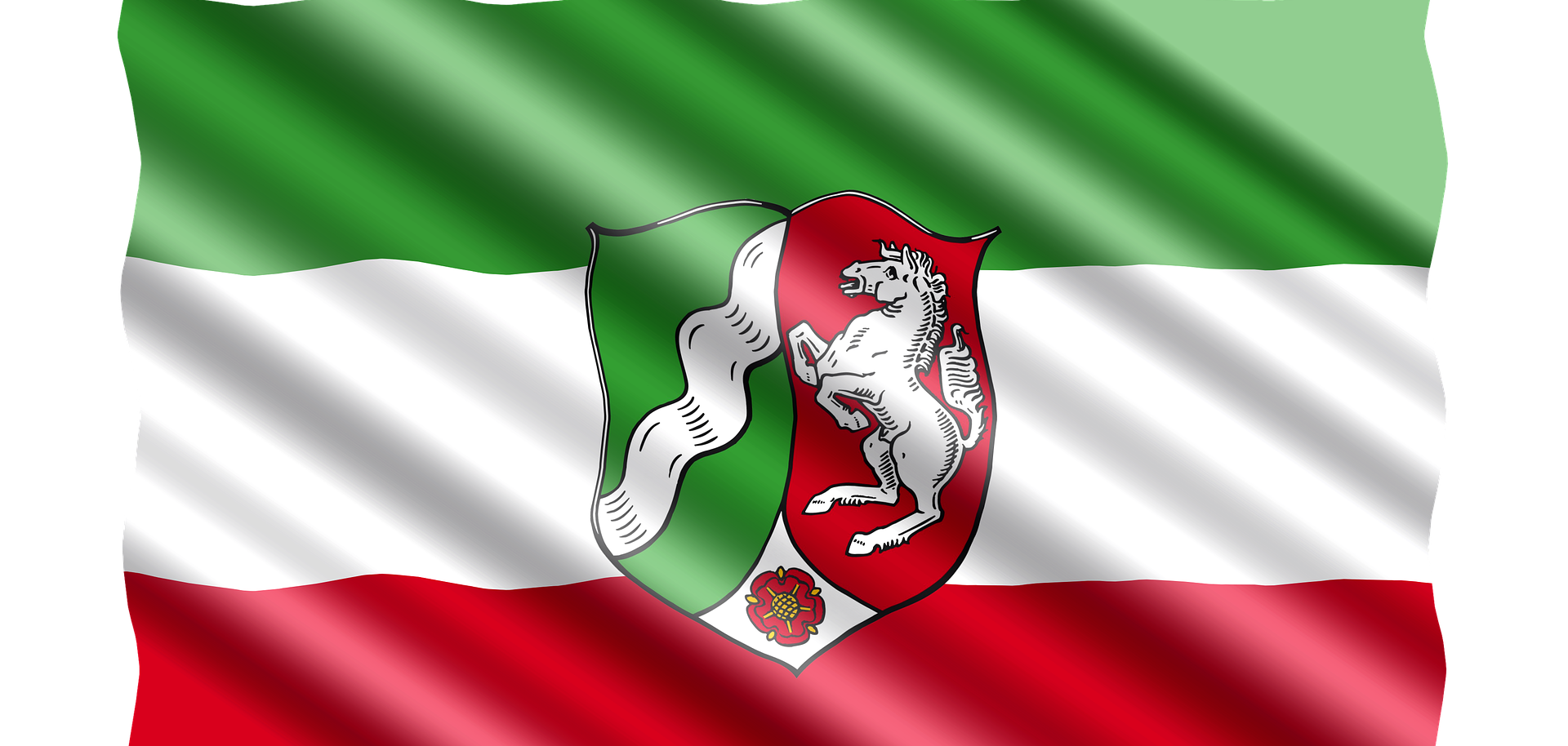 Die Fahne des Bundeslandes Nordrhein-Westfalen in grün, weiß, rot.