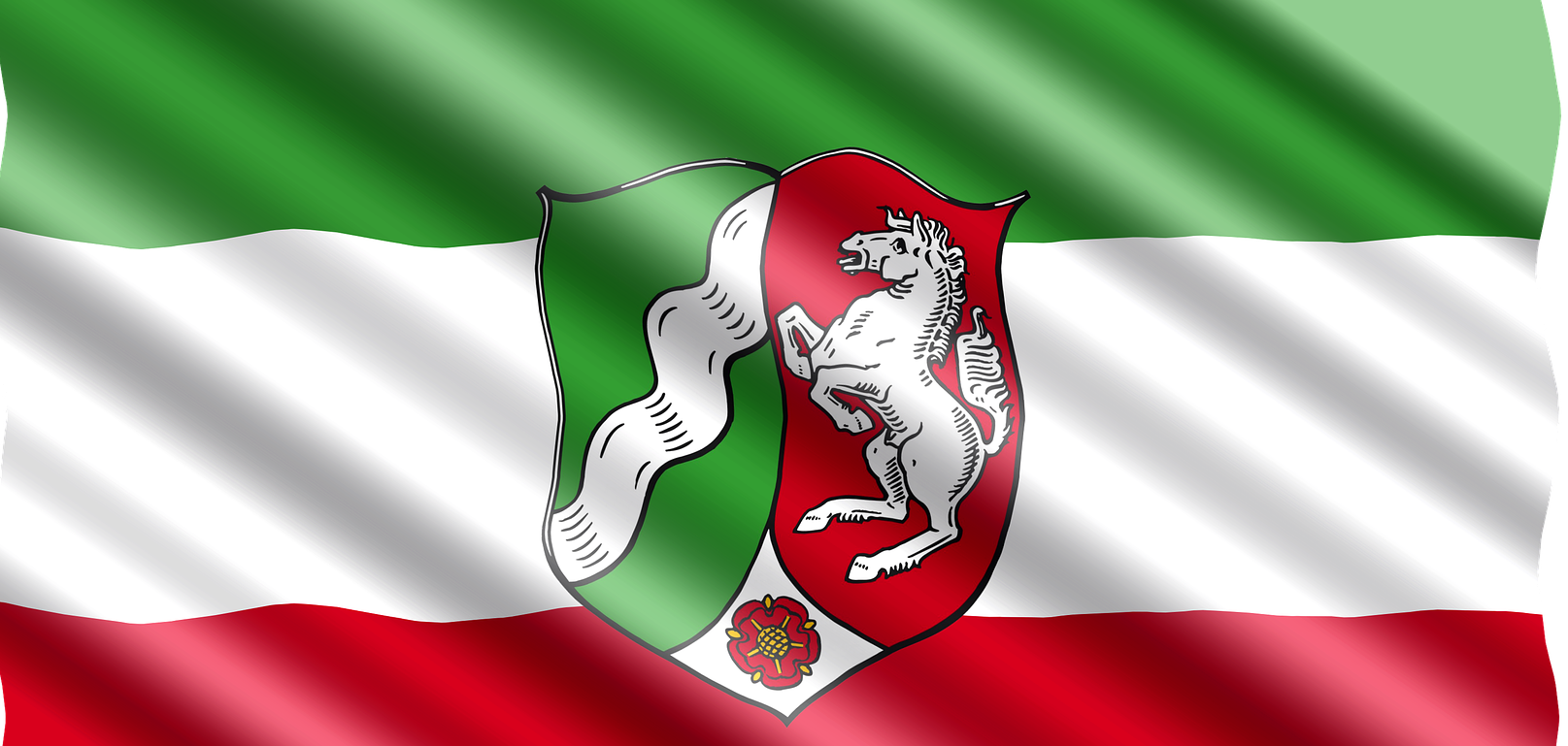 Die Fahne des Bundeslandes Nordrhein-Westfalen in grün, weiß, rot.