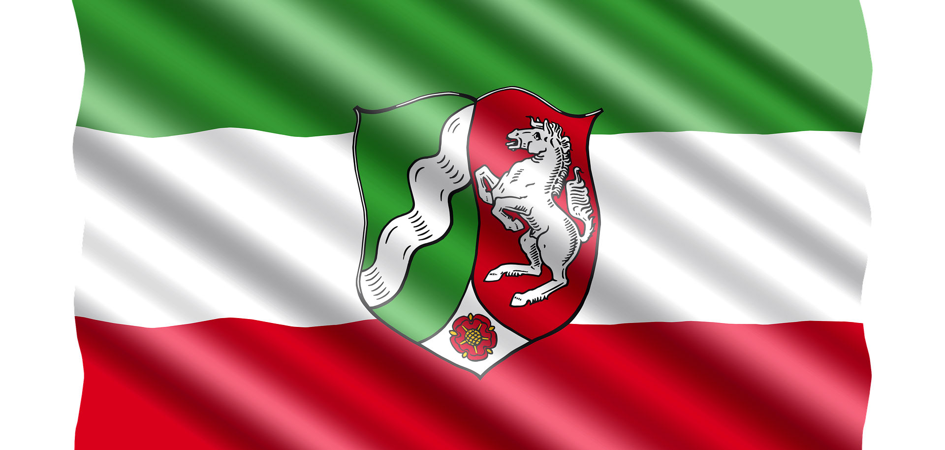 Die Fahne des Bundeslandes Nordrhein-Westfalen in grün, weiß, rot.