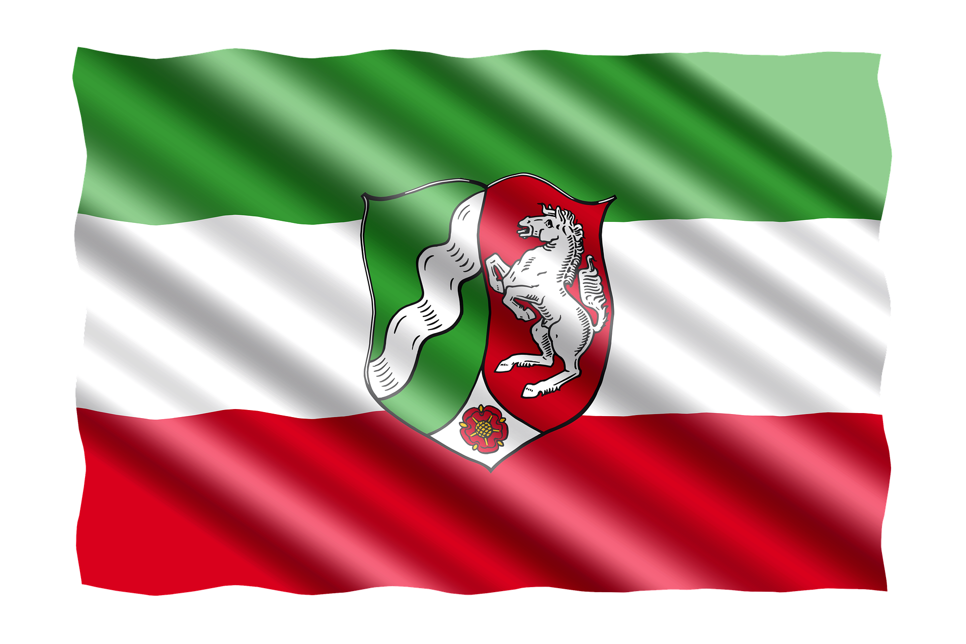 Die Fahne des Bundeslandes Nordrhein-Westfalen in grün, weiß, rot.