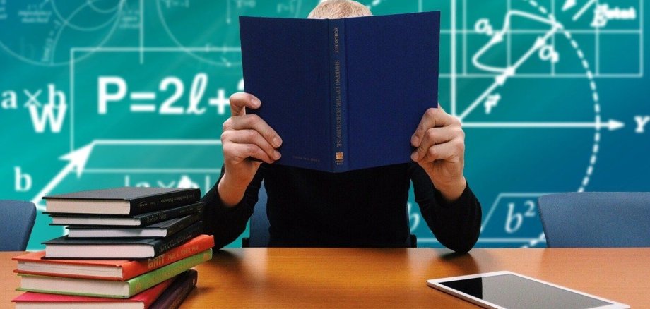 Eine Lehrerein sitzt mit einem Buch in der Hand vor einer Tafel.