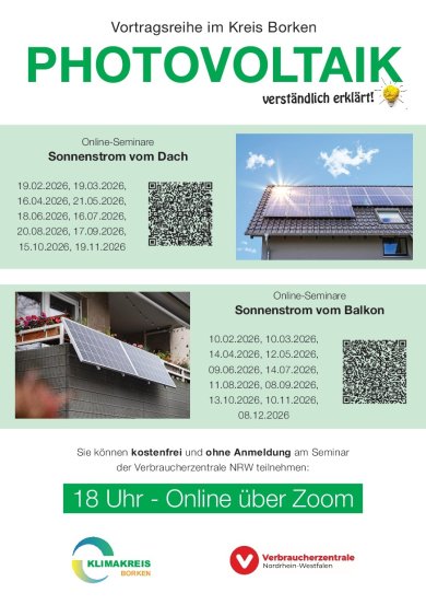 Flyer der Vortragsreihe im Kreis Borken: PHOTOVOLTAIK verständlich erklärt. Die Termine für die Veranstaltungen Sonnenstrom vom Dach sowieso Sonnenstrom vom Balkon werden angezeigt
