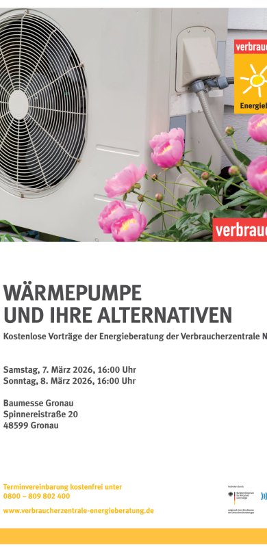 Grafik mit einem Plakat der Verbraucherzentrale zum Vortrag der Verbraucherzentrale während der Baumesse 2026