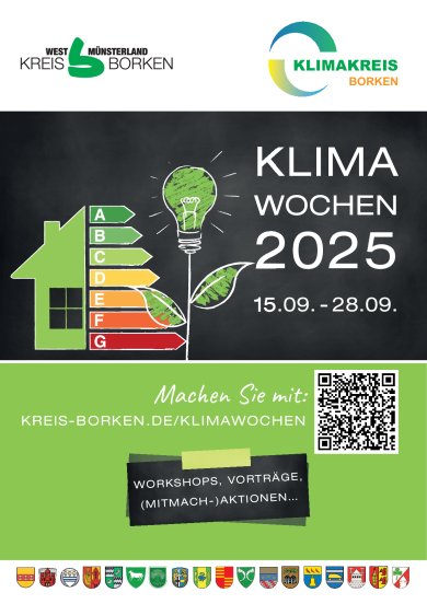 Plakat für die Klimawochen 2025 im Kreis Borken mit einem Haus und den Energiestufen sowie den Logos aller Kommunen im Kreis Borken