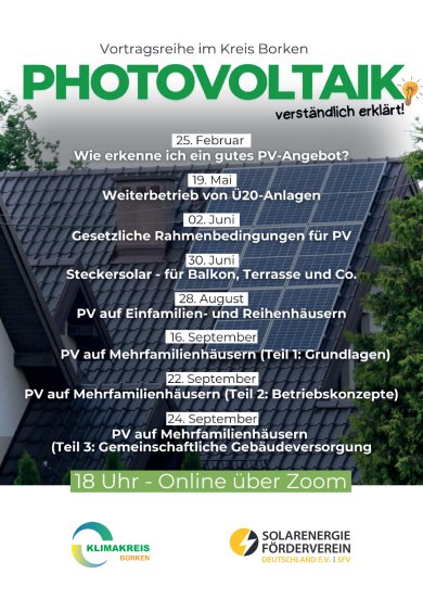 Poster der Vortragsreihe im Kreis Borken: Photovoltaik verständlich erklärt Terminübersicht für die Solartage
