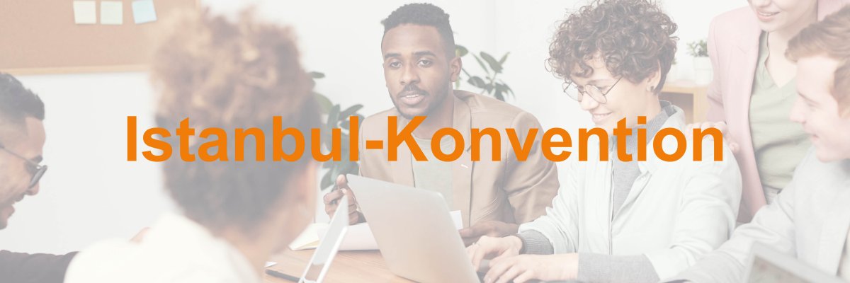 Frauen und Männer sitzen an einem Tisch und beraten sich, daneben steht: Istanbul-Konvention. Frauen und Männer sitzen an einem Tisch und beraten sich, daneben steht: Istanbul-Konvention.