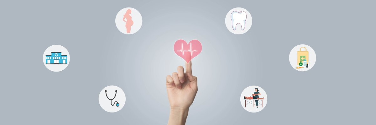 Eine Hand berührt ein schlagendes Herz. Daneben sind Piktogramme: ein Krankenhaus, eine schwangere Frau, ein Zahn, Medikamente, Physiotherapie und ein Stetoskop. Eine Hand berührt ein schlagendes Herz. Daneben sind Piktogramme: ein Krankenhaus, eine schwangere Frau, ein Zahn, Medikamente, Physiotherapie und ein Stetoskop.