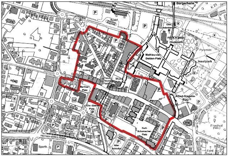 Kartenausschnitt: Räumlicher Geltungsbereich der Förderrichtlinie Fassadenprogramm – Stadtteil Gronau