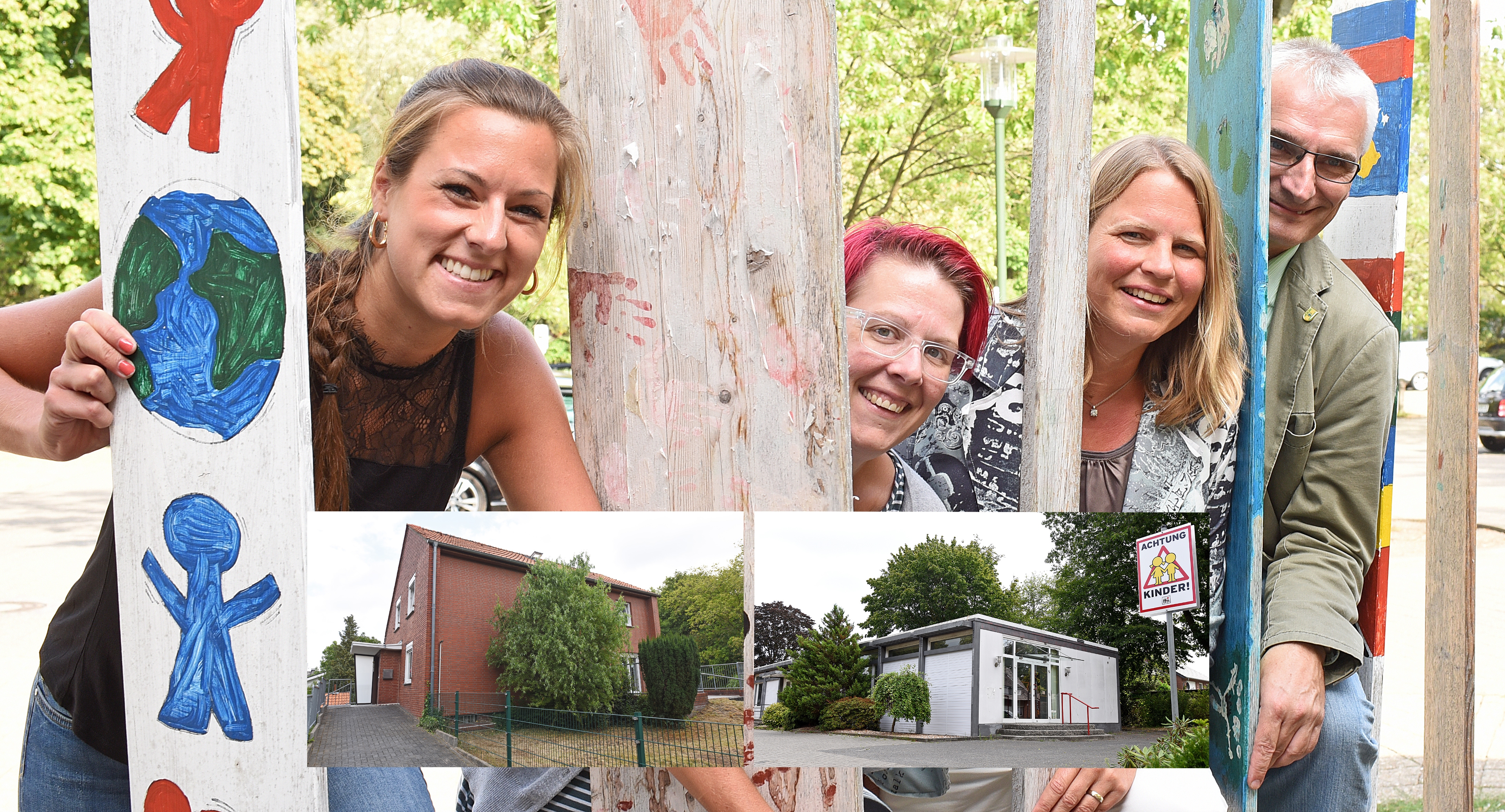 (v.l.n.r.): KiTa Leiterin Carina Elling, CJD-Fachbereichsleiterin Maike Brummelman, Erste Beigeordnete Sandra Cichon und Stadtbaurat Ralf Groß-Holtick. Unten im Bild sind die zwei Gebäude abgebildet, in denen die Kindergartengruppen bis zur Fertigstellung des Baus an der Beckerhookstraße unterkommen können.