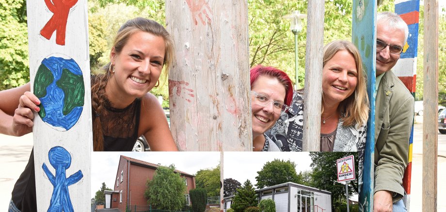 (v.l.n.r.): KiTa Leiterin Carina Elling, CJD-Fachbereichsleiterin Maike Brummelman, Erste Beigeordnete Sandra Cichon und Stadtbaurat Ralf Groß-Holtick. Unten im Bild sind die zwei Gebäude abgebildet, in denen die Kindergartengruppen bis zur Fertigstellung des Baus an der Beckerhookstraße unterkommen können.