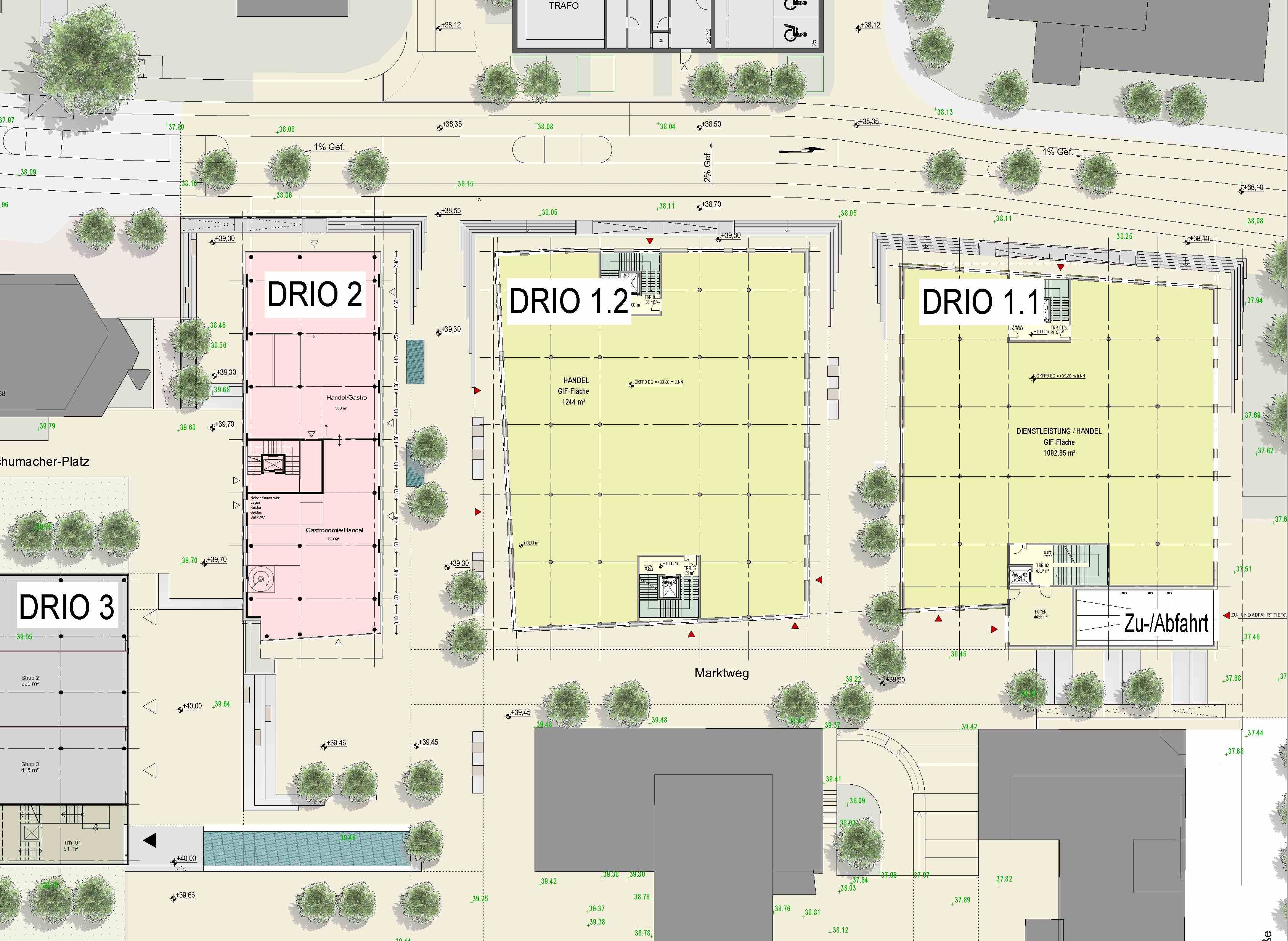 Das Bild zeit einen Lageplan des neuen geplanten Drios in der Innestadt von Gronau.