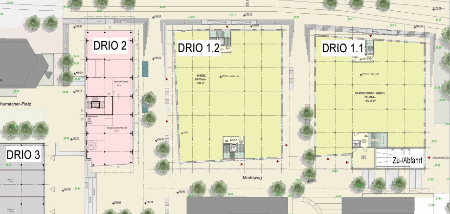 Das Bild zeit einen Lageplan des neuen geplanten Drios in der Innestadt von Gronau.