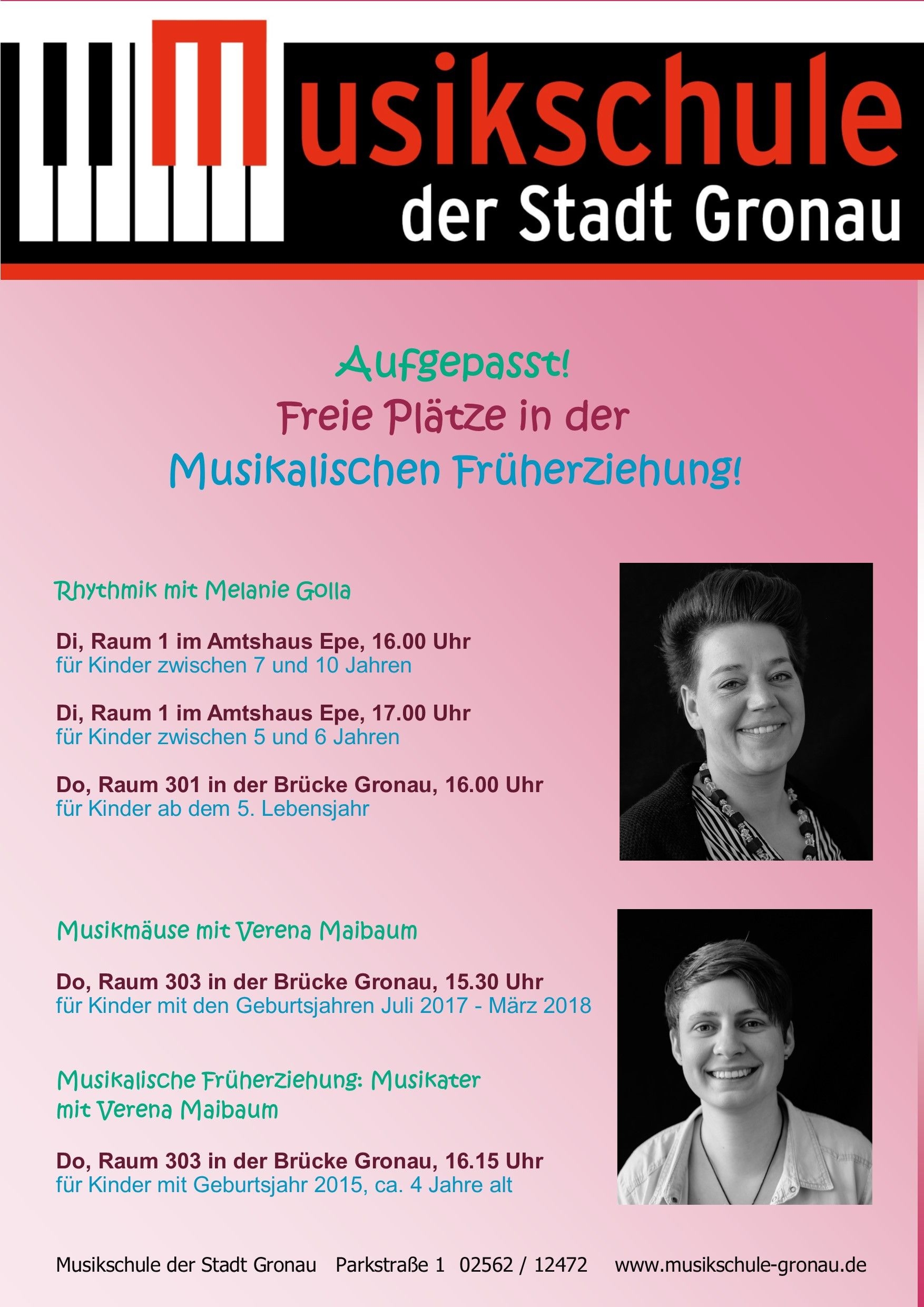 Das Bild zeigt die Termine für die musikalische Früherziehung in Gronau und Epe