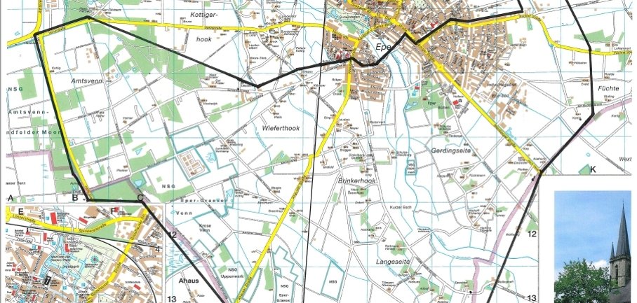 Man sieht einen Lageplan der Straßen für die Rohrnetzspüulung der Stadtwerke Gronau