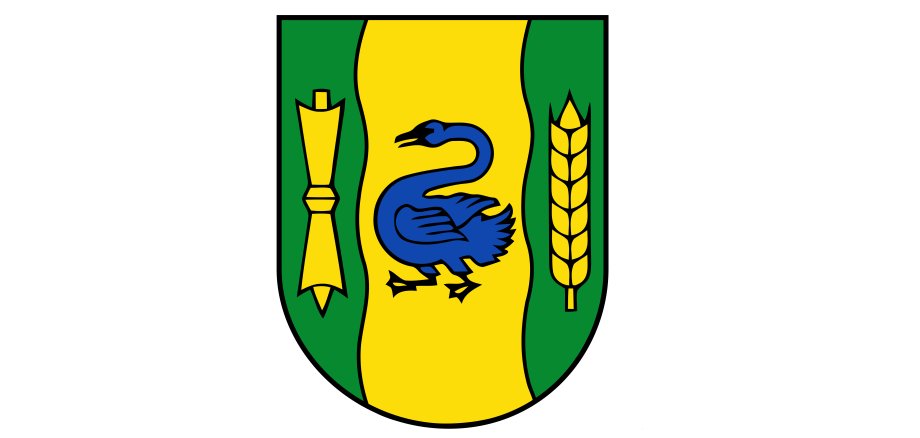 Das Wappen der Stadt Gronau. In Grün ein breiter gelber mit einem schwarz bewehrten blauen Schwan belegter Wellenpfahl, begleitet vorn von einer gelben Spule, hinten von einer gelben Ähre.