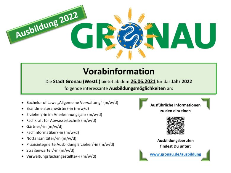 Es wird mitgeteilt, dass man sich ab dem 26.06.2021 für Ausbildungen bei der Stadt Gronau bewerben kann.