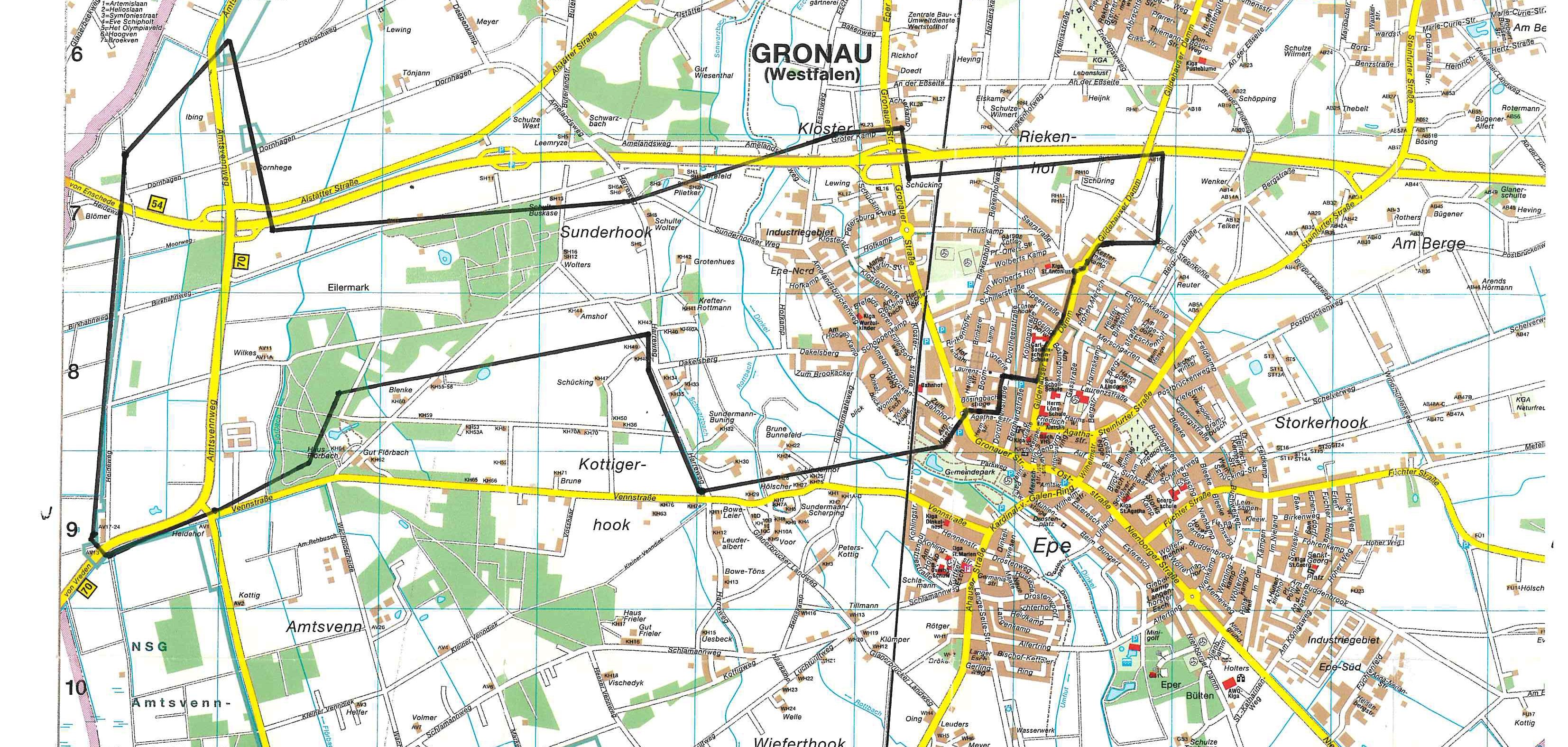 Auf einem Gronauer Stadtplan ist das Spülgebiet eingezeichnet.