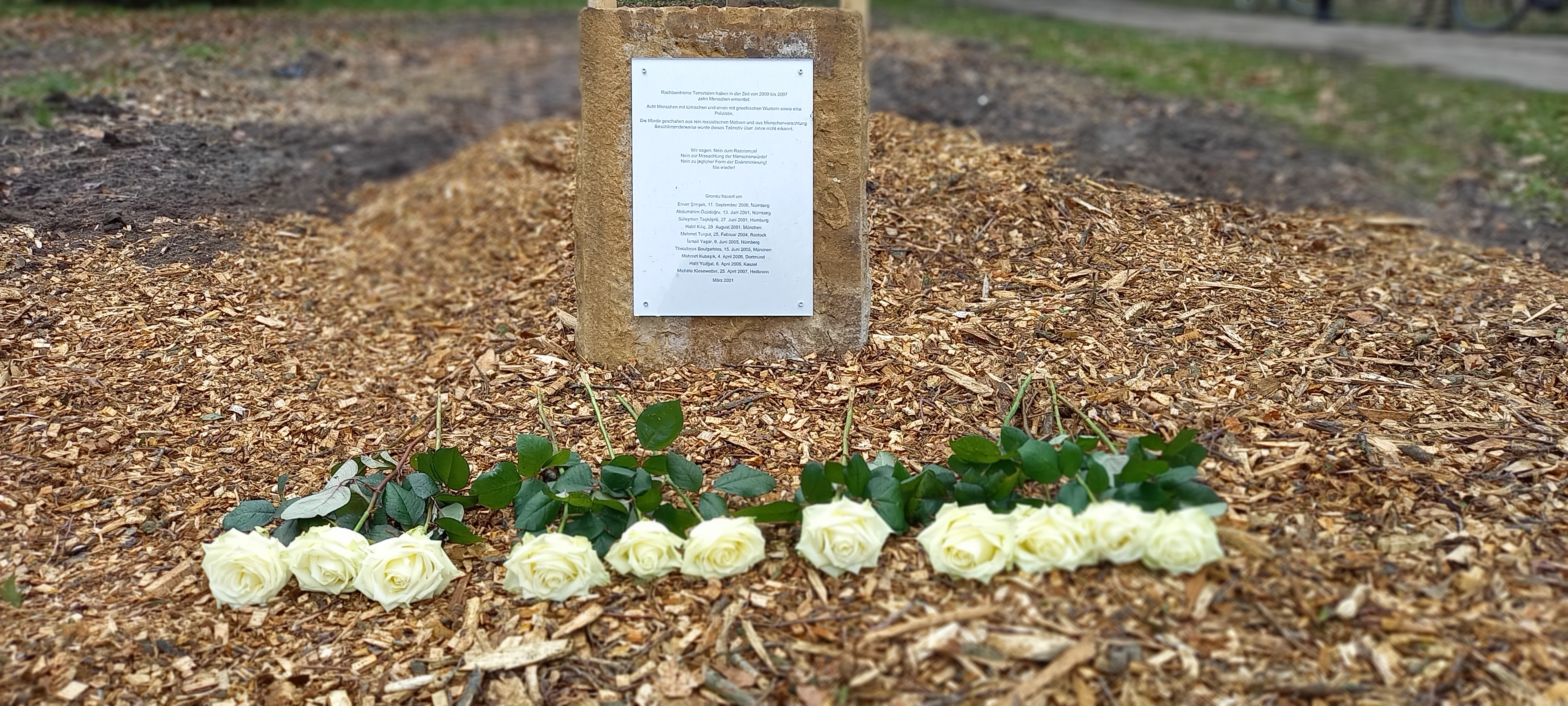 Der Gedenkstein für die Opfer des NSU mit weißen Rosen davor.