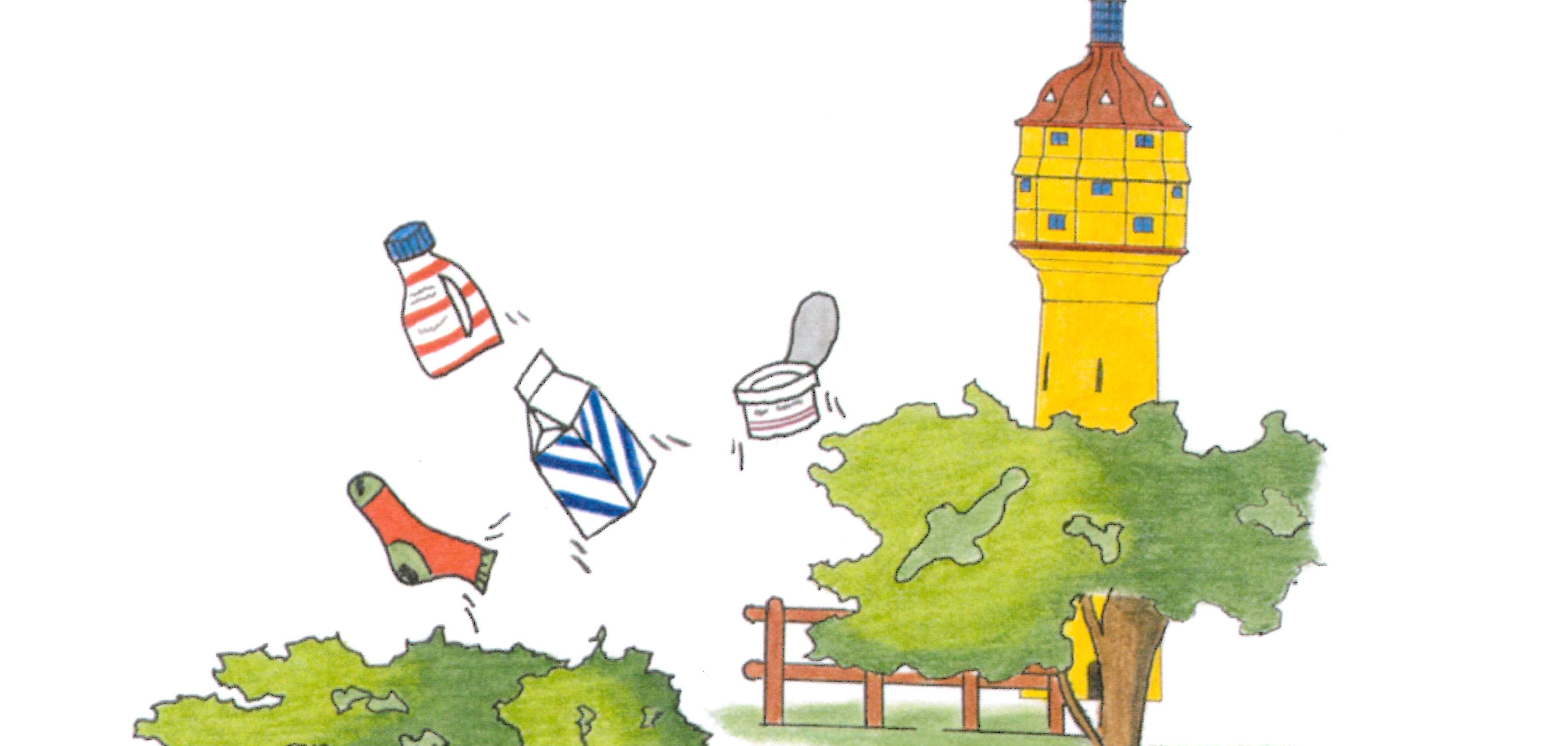 Vor dem Wasserturm fliegt Müll durch die Natur.