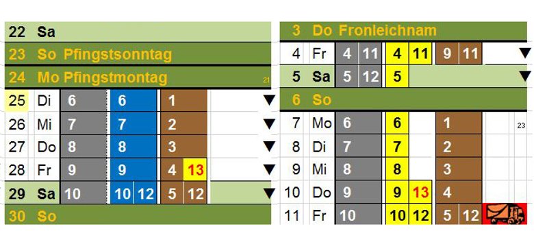 Die Müllabfuhrtermine zu Christi Himmelfahrt, Pfingsten und Fronleichnam.